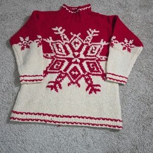 The product is an Express Tricot Wool Snowflake Nordic Sweater in size Small